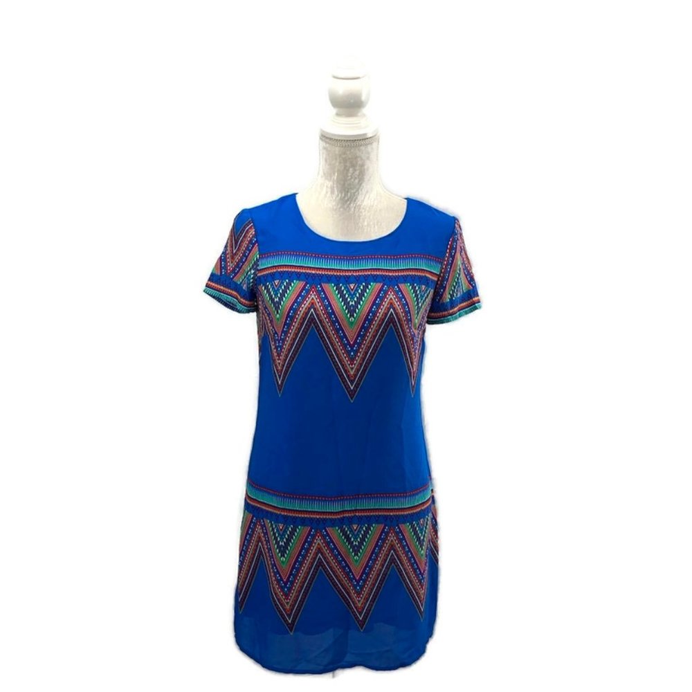 Colorful Blue Tribal Print‎ Shift Dress Jodi Kristopher Keyhole Back Tunic Dress